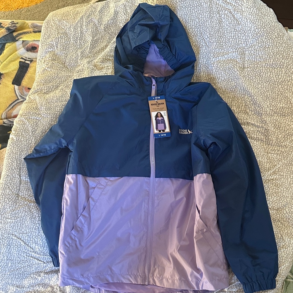 Blue and Purple Hooded Eddie Bauer Youth Lightweight 3-in-1 Jacket